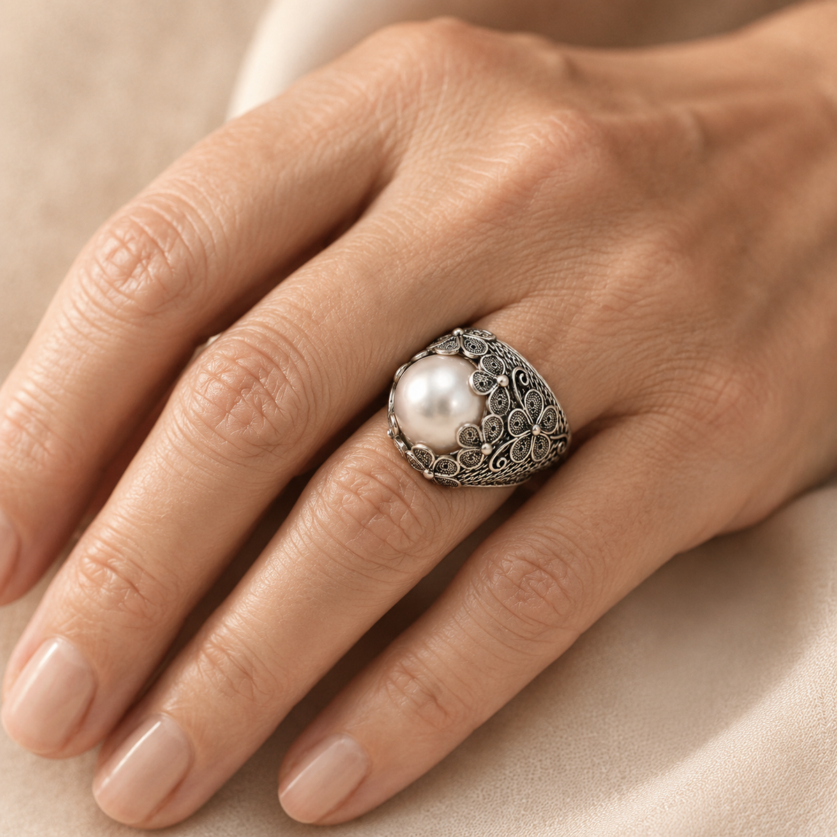Gabriella White Gold Pearl Ring