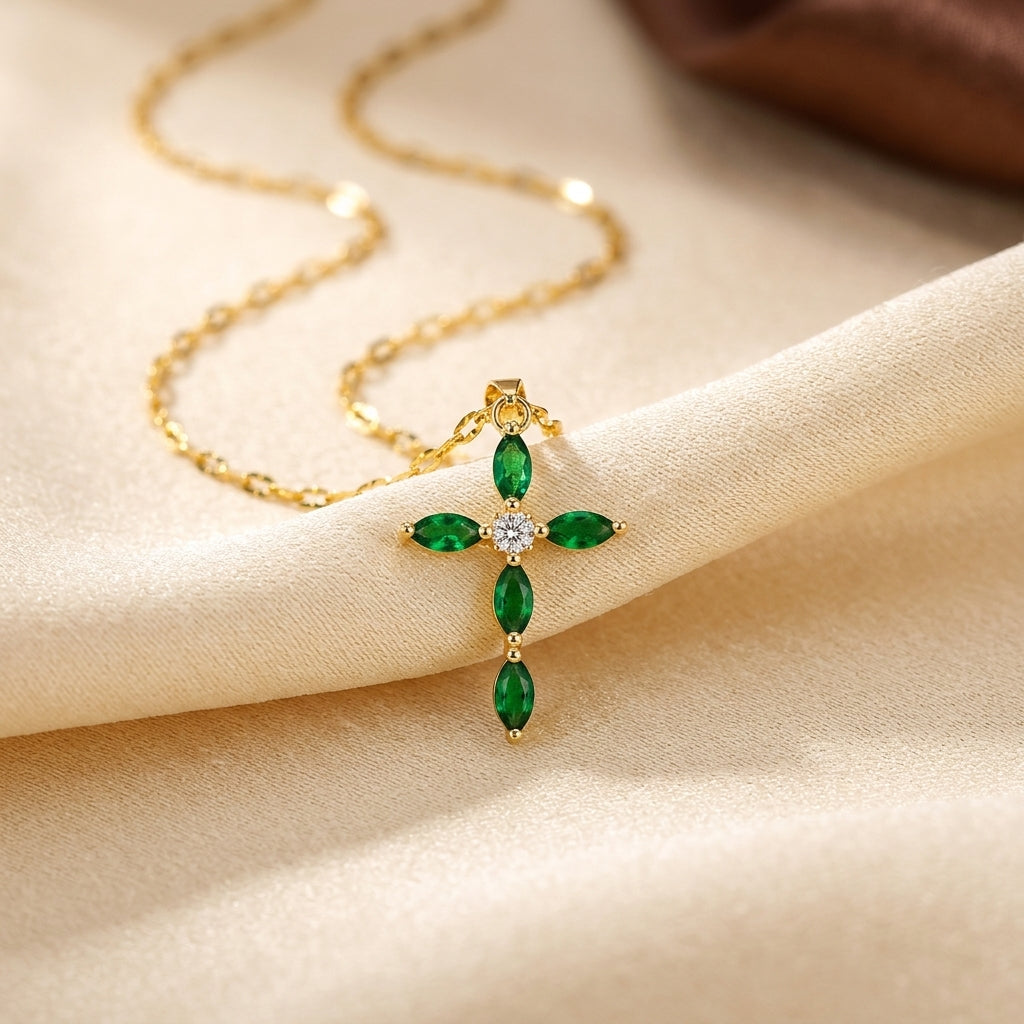 Gold Emerald Marquise Cross Necklace