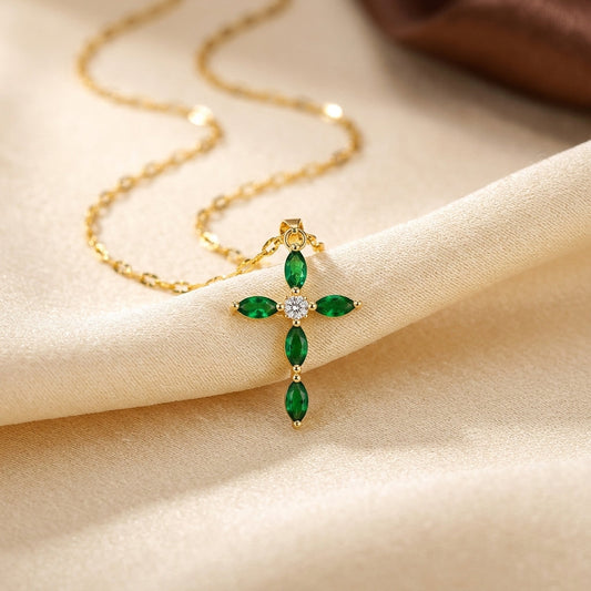 Gold Emerald Marquise Cross Necklace