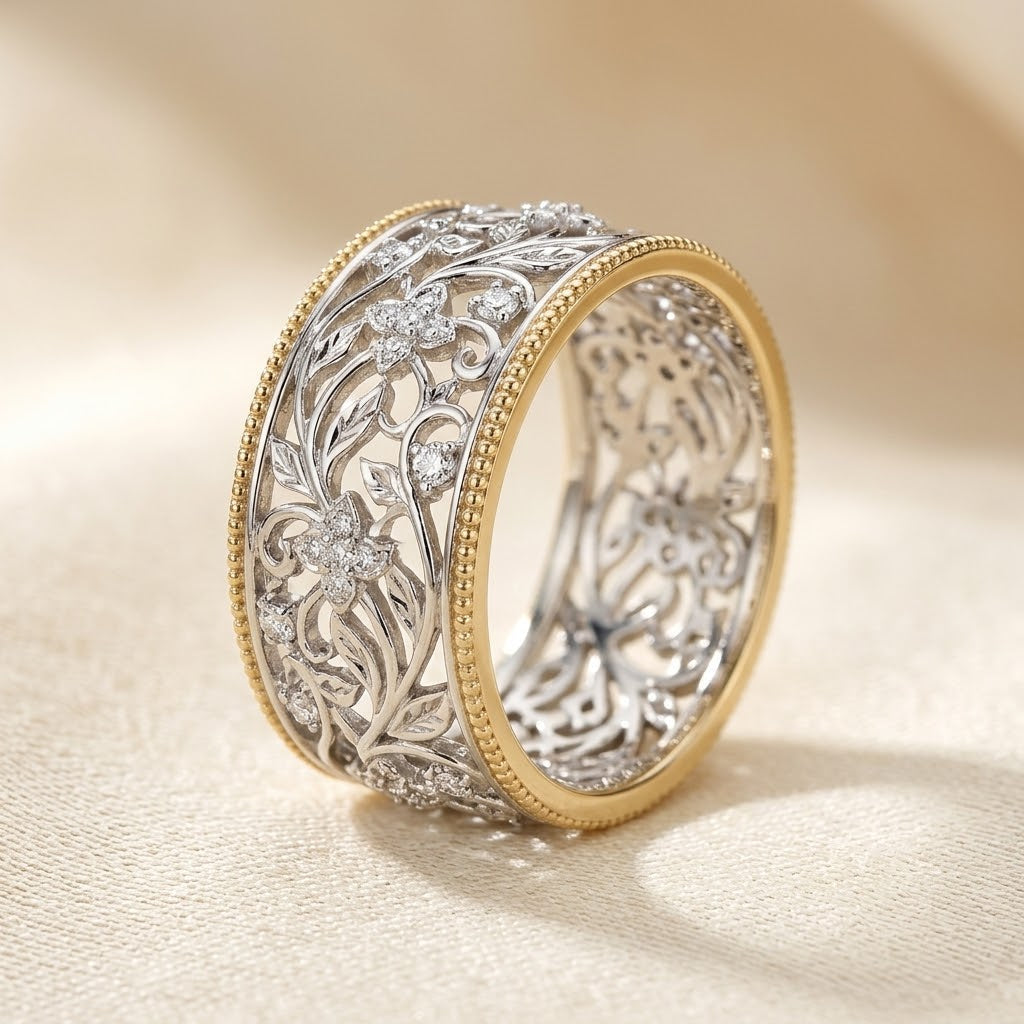 Silver and Gold Ornate Band Ring