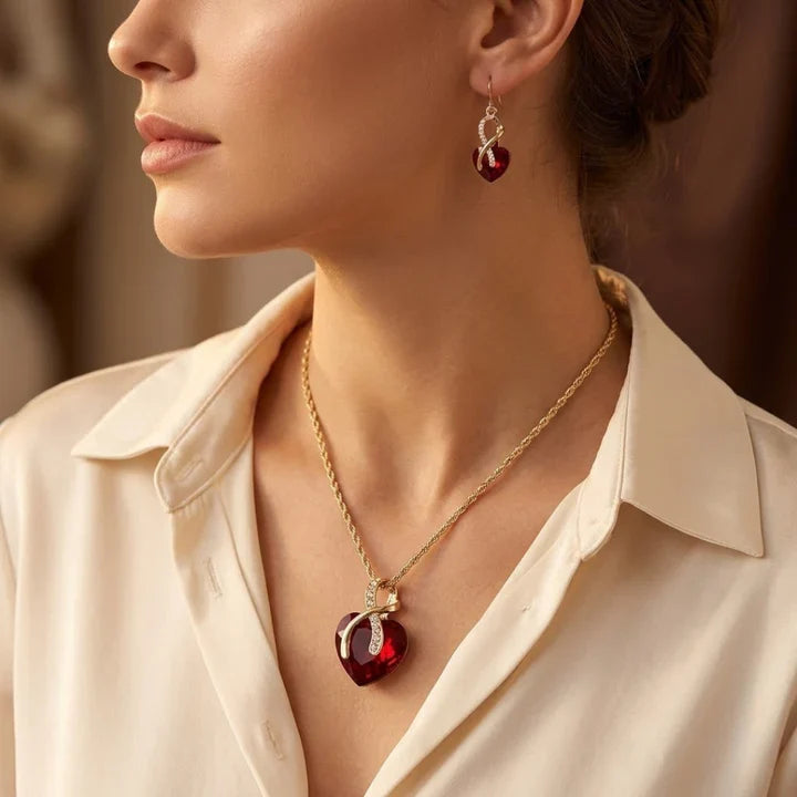 Gold Ruby Twisted Heart Jewelry Set