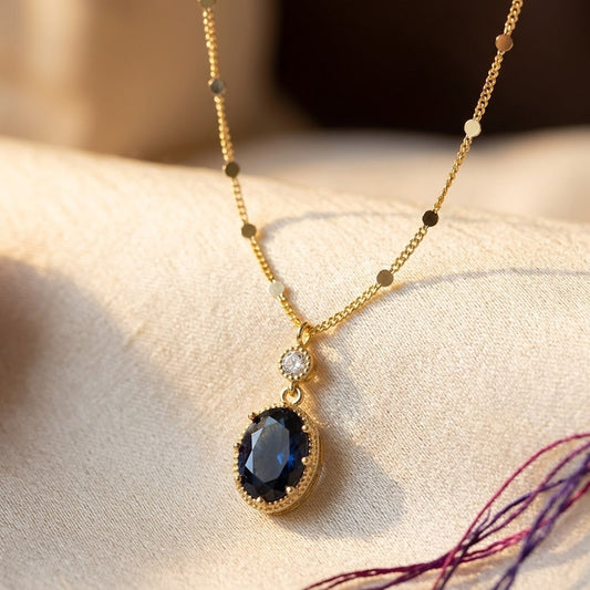 Gold Sapphire Oval Drop Necklace
