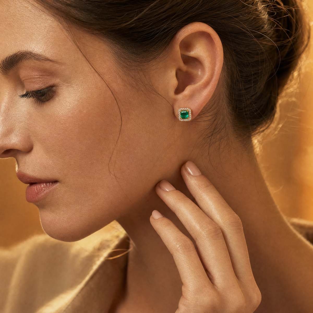 Adele Gold Emerald Earrings - worn