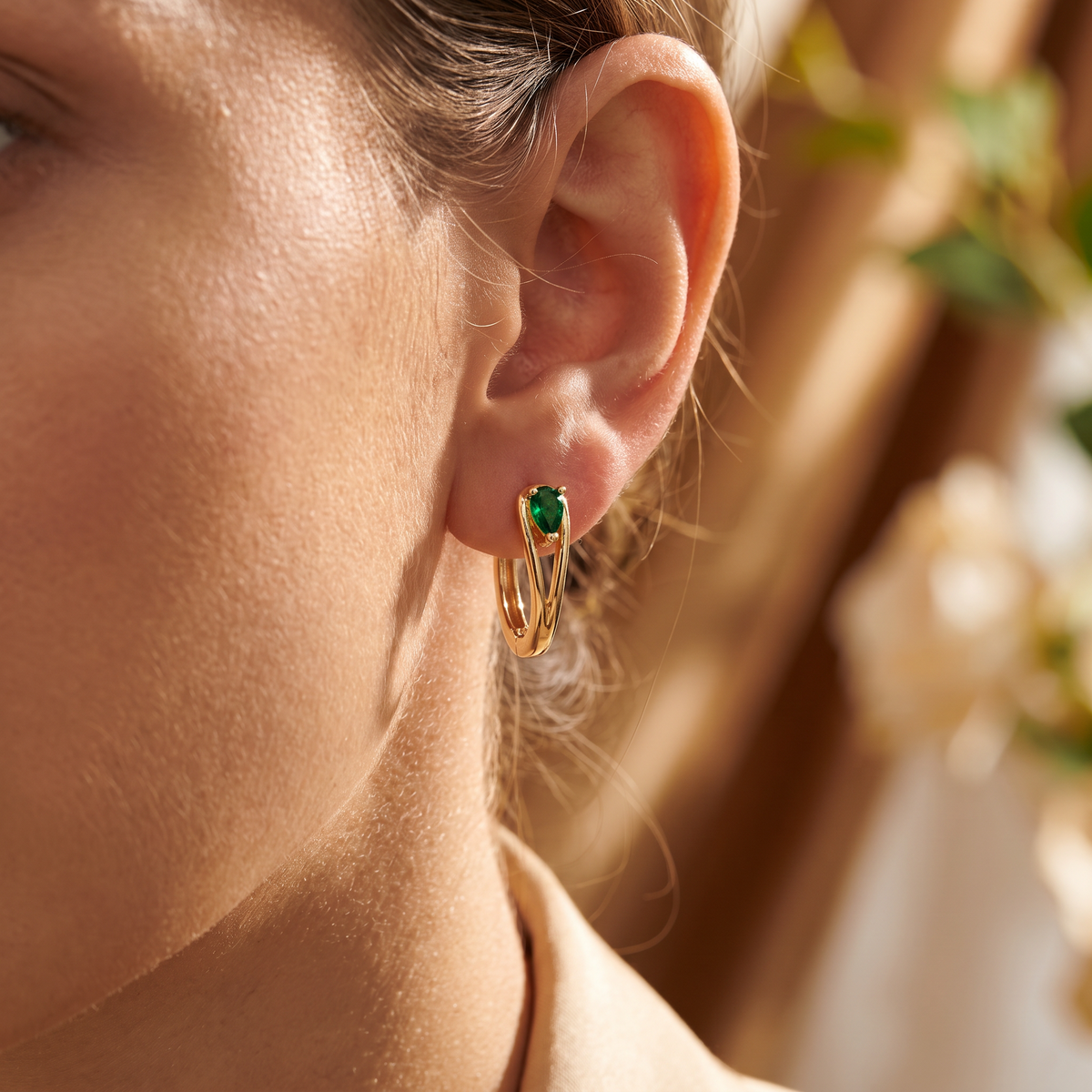 Freya Gold Emerald Earrings - worn