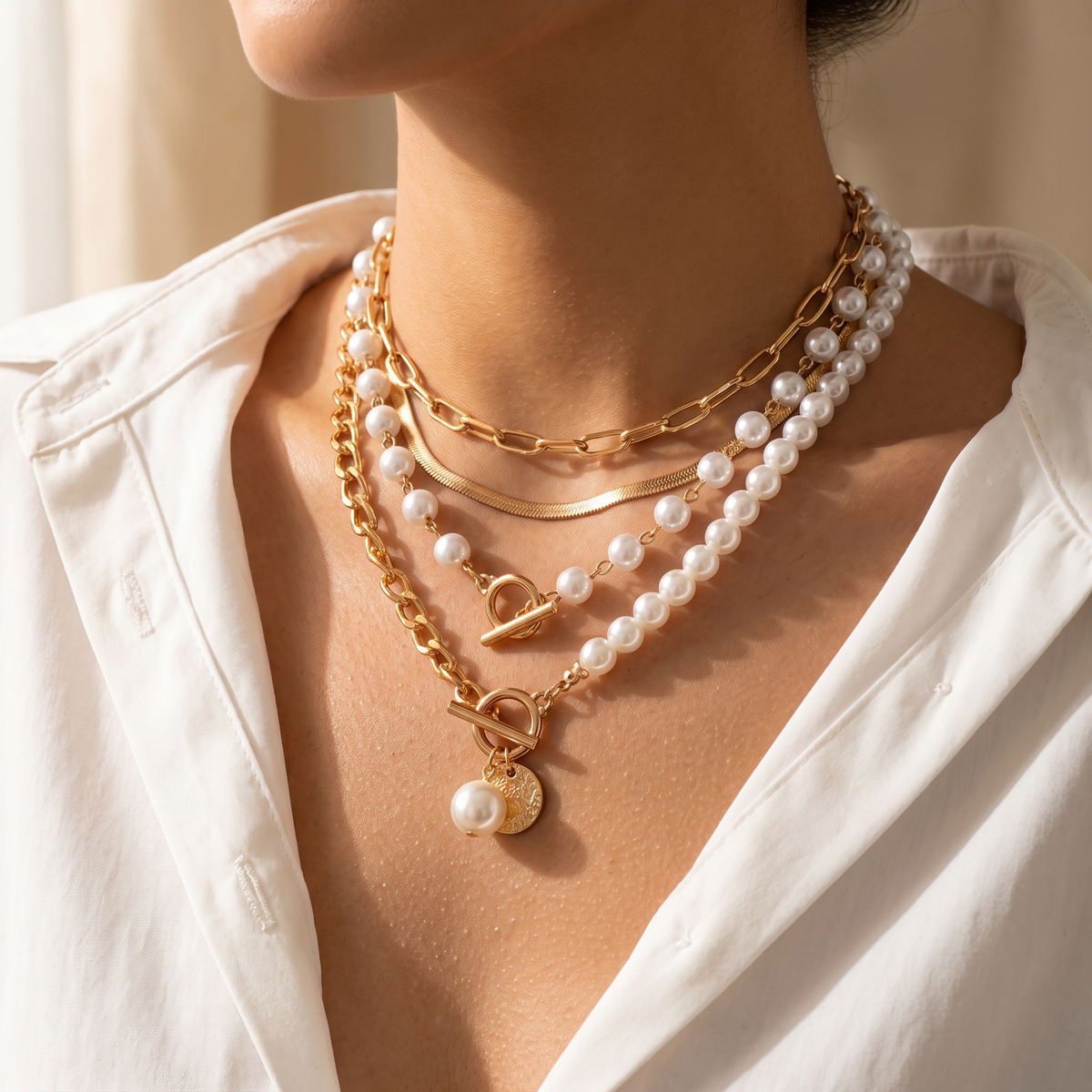 Ottavia Gold Pearl Necklace - worn