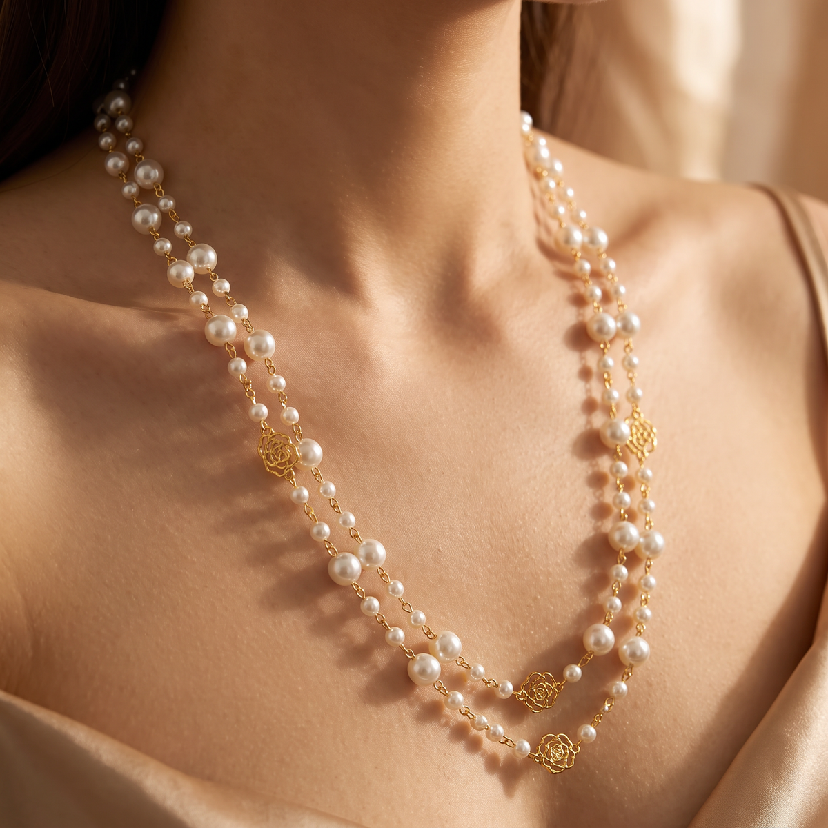 Rosalie Gold Pearl Necklace - worn