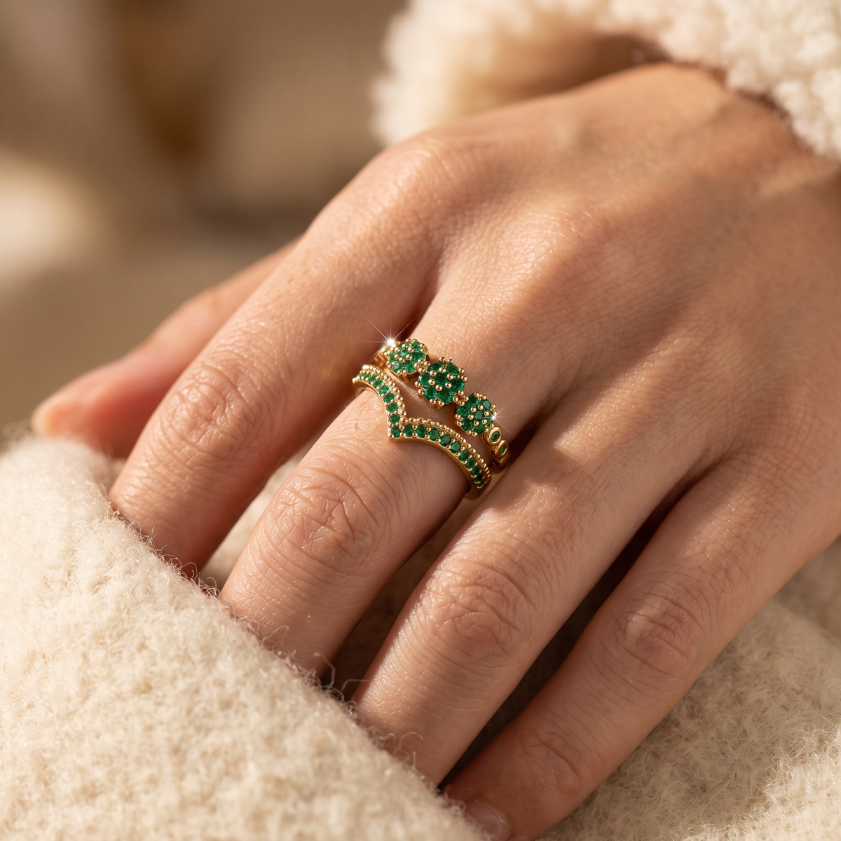 Zinnia Gold Emerald Ring - worn