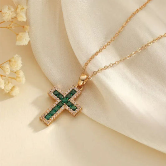 Solene Emerald Cross Pendant Gold Necklace